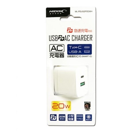 R-ML-PDUS2P20WH USB PD・QC対応 Type-C/A 20W AC充電器